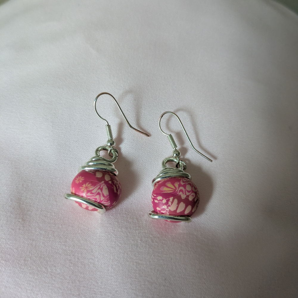 Pink Floral SilverWire Wrapped Earrings